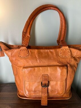 Noonday Collection Cognac Leather Tote with Front Buckle Pocket